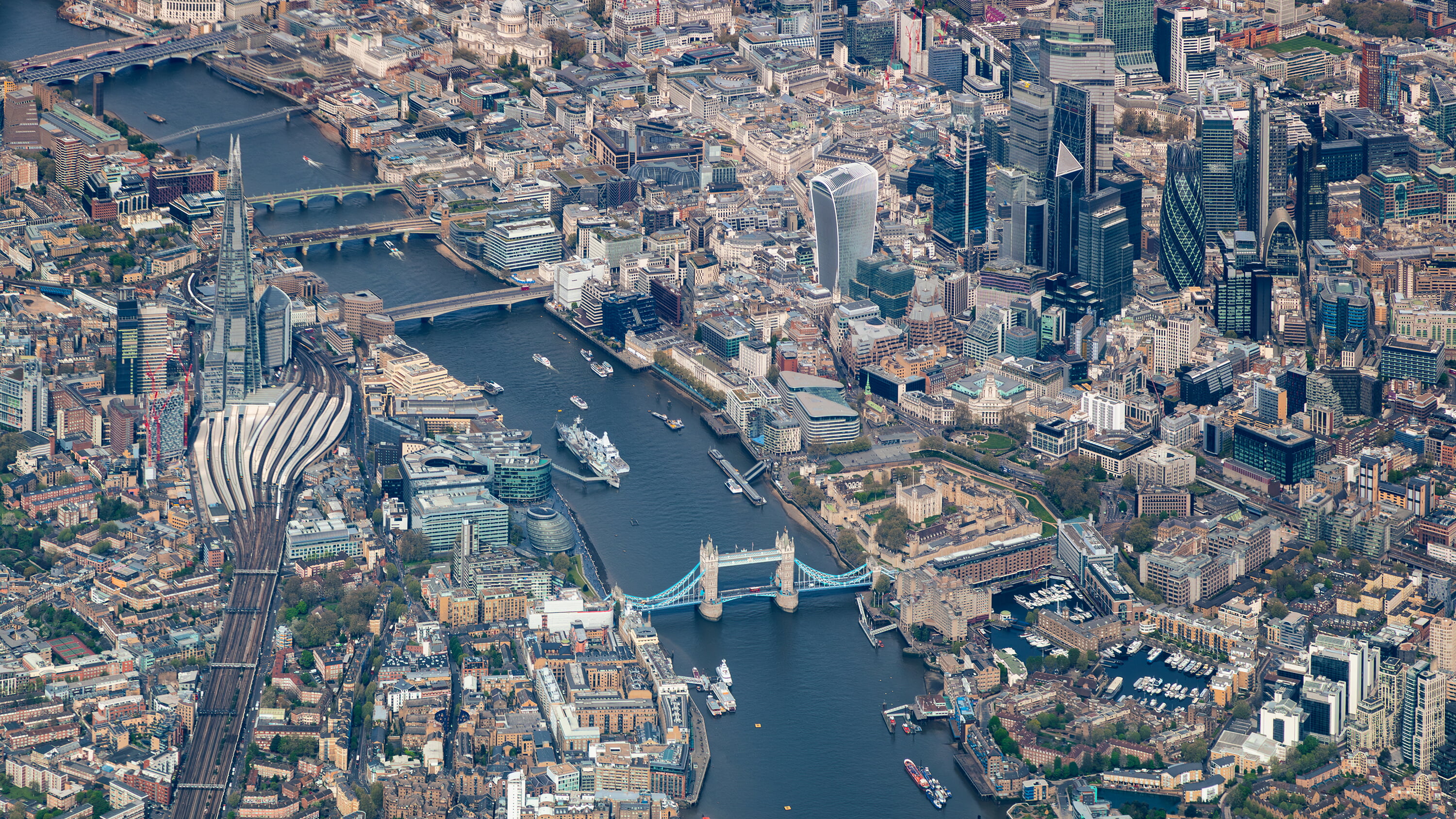 An aerial view of the River Thames.