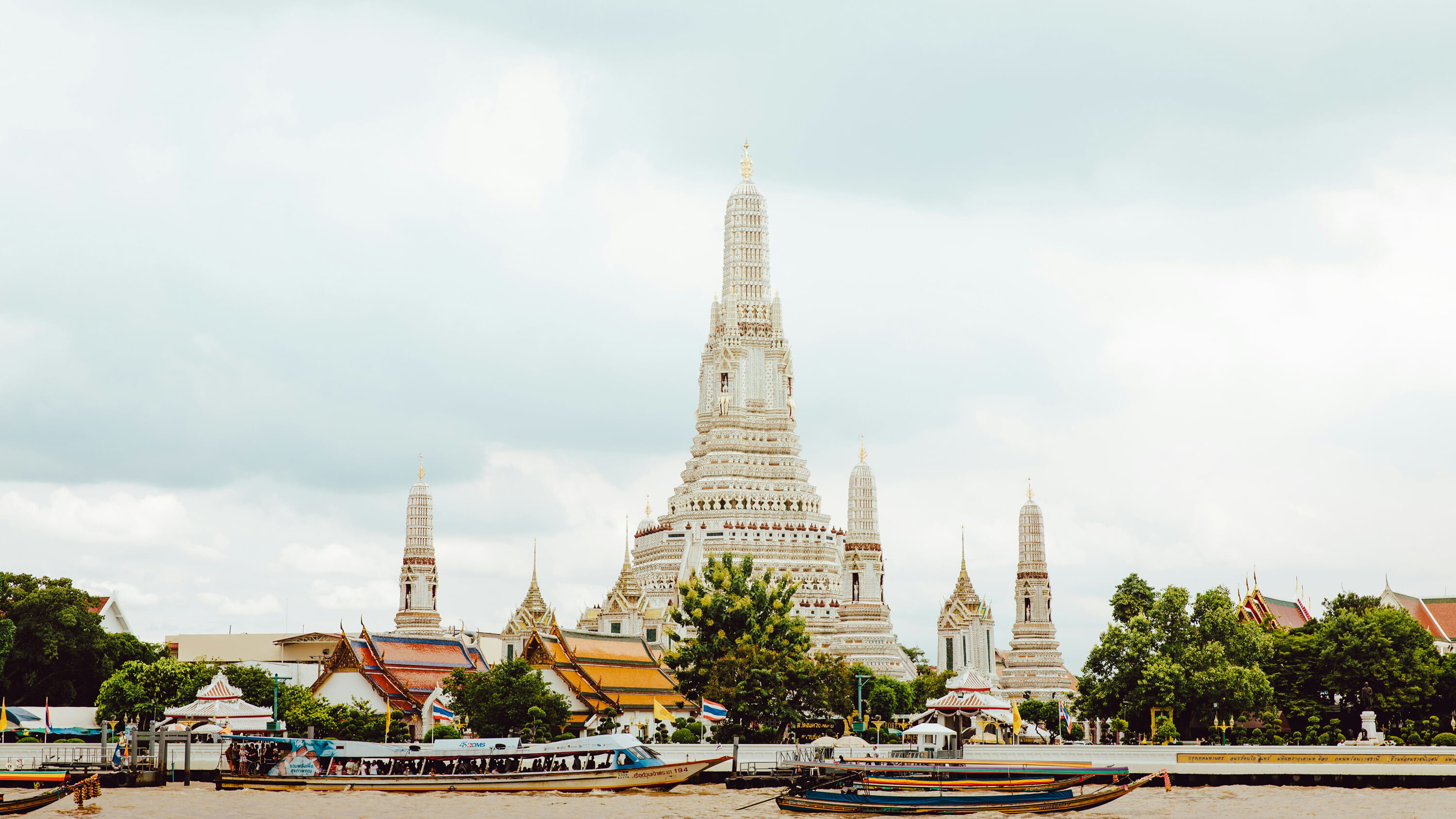 A temple in Bangkok viewed from the river.