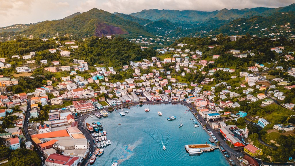 Aerial photograph of a port in Grenada